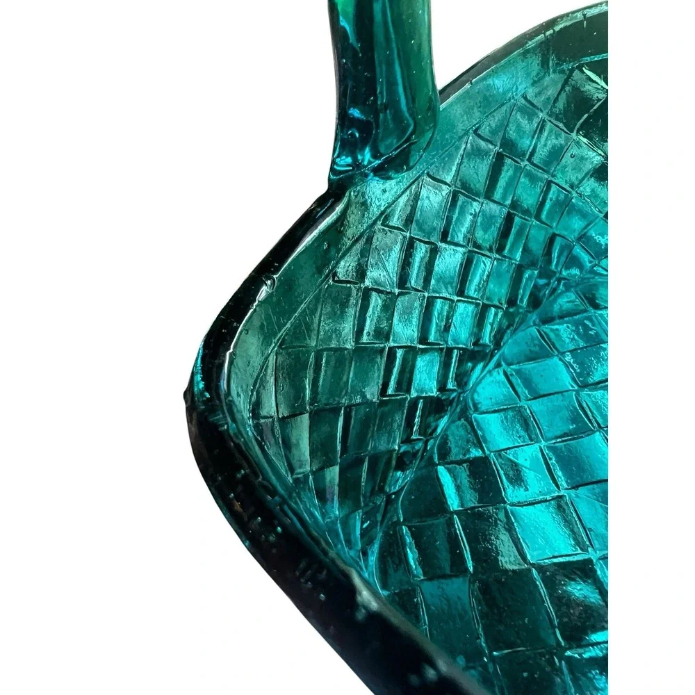 Vintage Shiah Yih Teal Blue Art Glass Basket Hand Made Taiwan 6